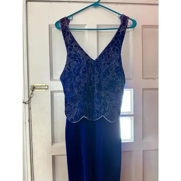 Cline New York Vintage Blue Velvet Embroidered Floral Bodice Formal Prom  Dress